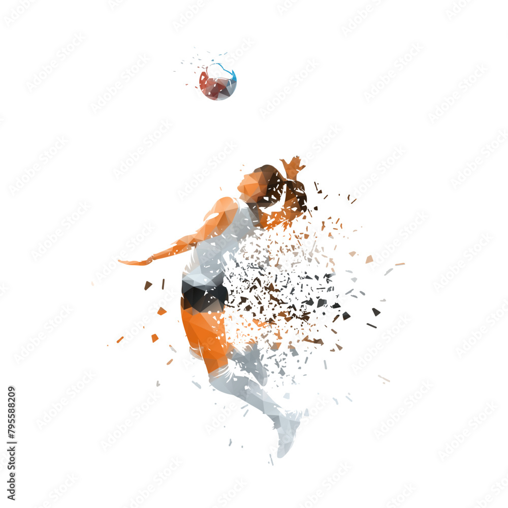 Naklejka premium Volleyball player, woman, isolated low poly vector illustration with shatter effect, side view
