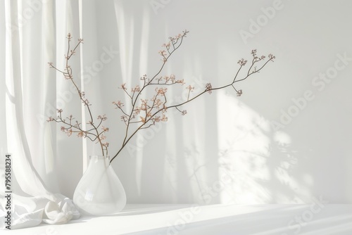 A white vase with a branch of flowers in it sits on a table. The vase is tall and narrow, and the flowers are small and delicate