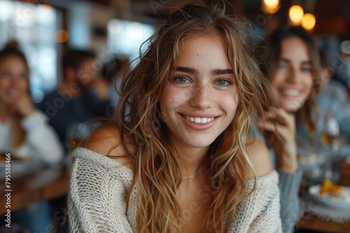 A smiling young woman in a sweater enjoys time in a restaurant with friends in the background