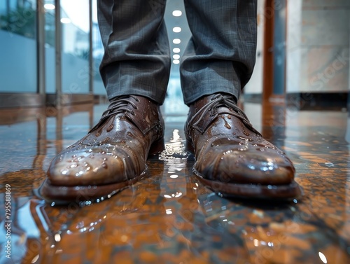 A humorous capture of a businessman's unfortunate slip on a wet floor, highlighting the unexpected mishaps of daily life