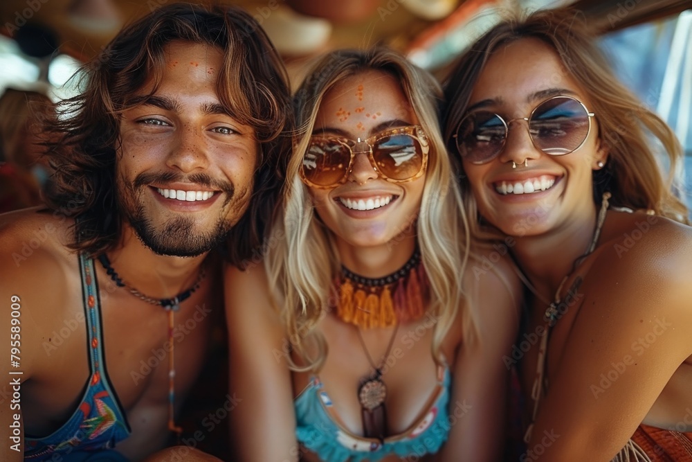 A close shot of a stylish boho chic group with two women and a man, all wearing sunglasses and smiling A close shot of a stylish boho chic group with two women and a man, all wearing sunglasses and smiling