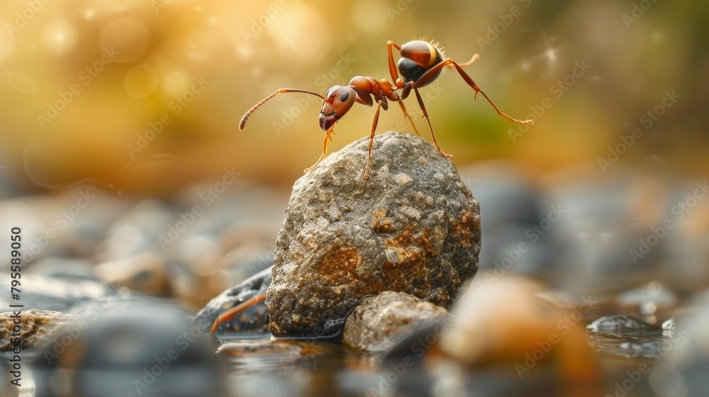 A powerful ant lifting a stone far greater than its size, representing the strength and determination required to overcome challenges A powerful ant lifting a stone far greater than its size, representing the strength and determination required to overcome challenges