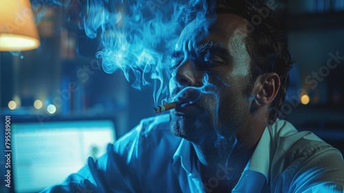 A pensive business man smoking in solitude, the room bathed in the blue glow of a single computer screen, reflecting the challenges of corporate life photo
