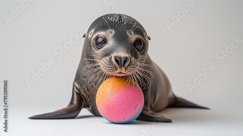 Playful seal with a circus ball balances skillfully against a white setting photo