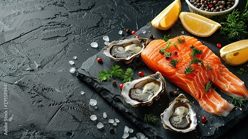 Beautiful seafood with vegetables and herbs on a dark stone background. Food advertising. Banner, menu.