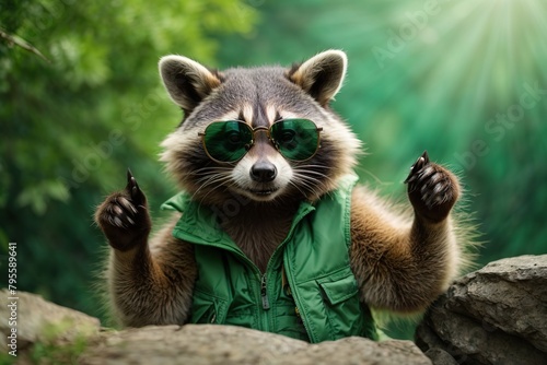 funny raccoon in green sunglasses showing a rock
