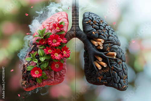 creative image of the lungs. one half with flowers and leaves, and the other black and with tobacco. concept of getting rid of bad habits world no tobacco day. no  photo