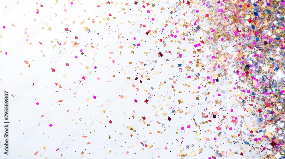 Fototapeta premium Sparkling confetti bursts creating a sense of excitement and celebration on a blank white backdrop