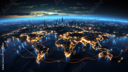 A digital painting of the Earth at night, seen from space. The continents are outlined in glowing light, and the major cities are depicted as bright points of light. The Earth is surrounded by a starr