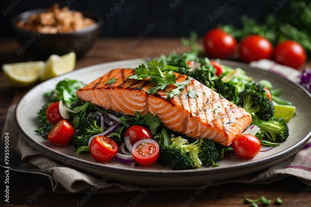 grilled salmon fish fillet and fresh green leafy vegetables grilled salmon fish fillet and fresh green leafy vegetables