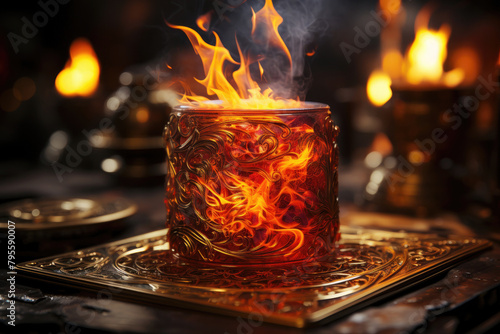 A golden cup with a fiery liquid inside it.