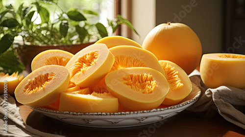 A halved and sliced orange cantaloupe on a table