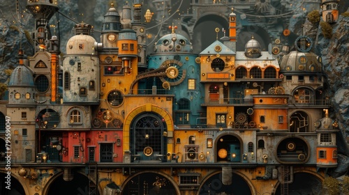 Fantastical steampunk cityscape with whimsical architecture and intricate mechanical details