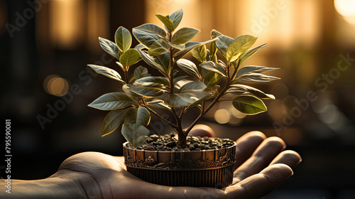 A hand holding a small tree. The tree is growing out of a coin. The background is blurred.