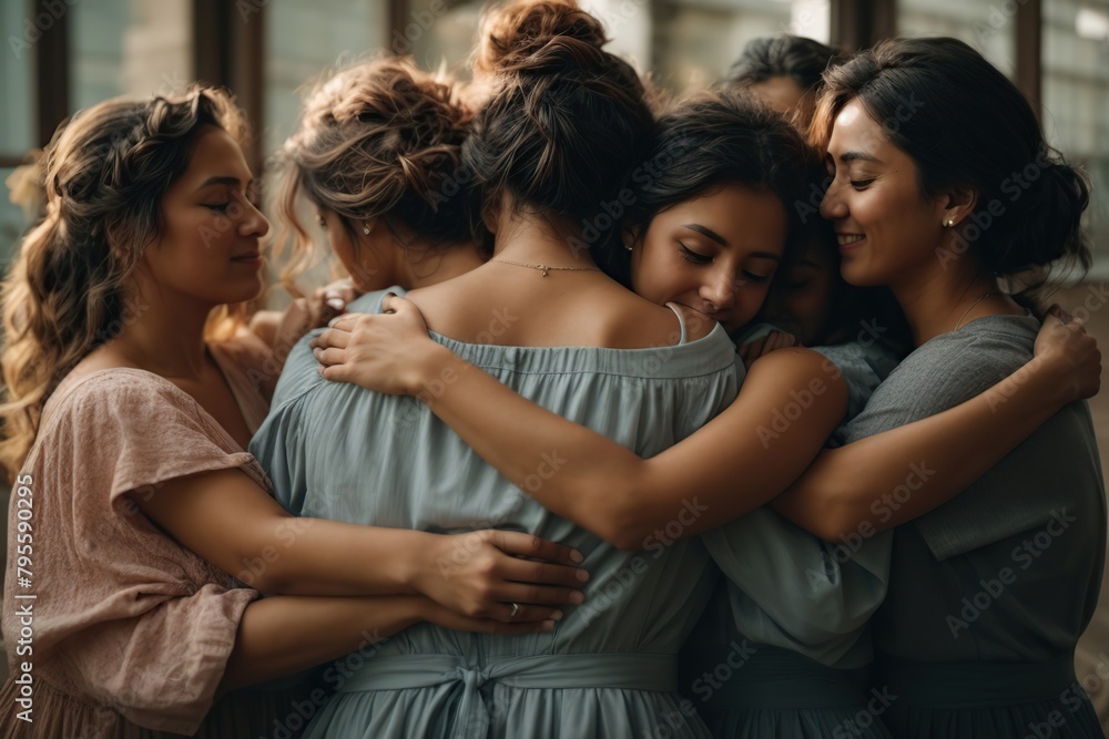 group of women hugging themselves with love and care group of women hugging themselves with love and care