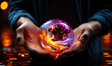 A person holding a glowing crystal ball in the palm of their hand.
