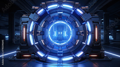 Sci-fi spaceship interior with blue portal