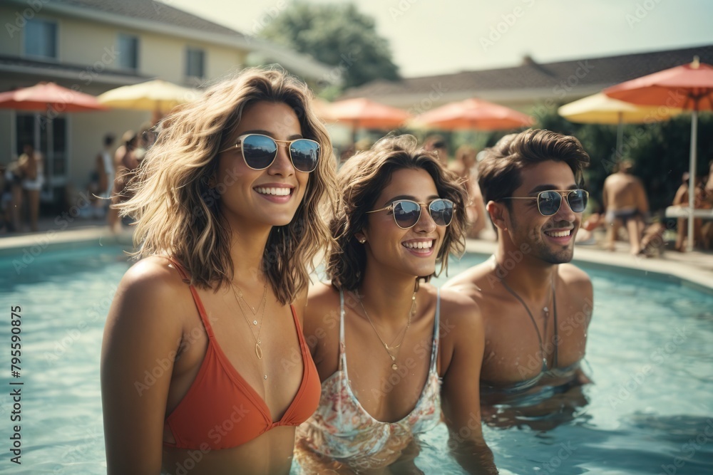 happy friends partying in swimming pool on sunny day happy friends partying in swimming pool on sunny day