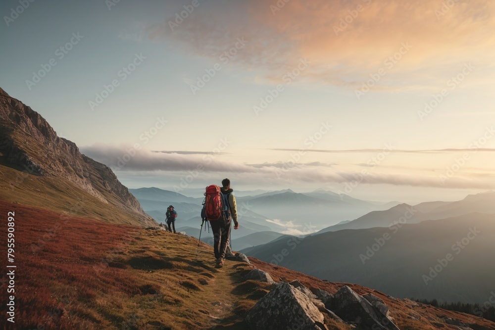 hiker helping friend reach the mountain top