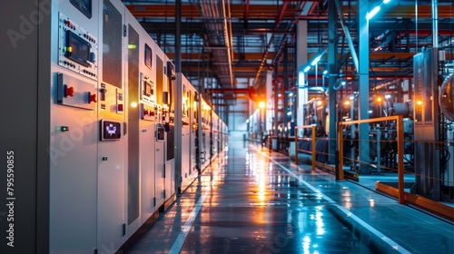 A large industrial building with many white electrical panels