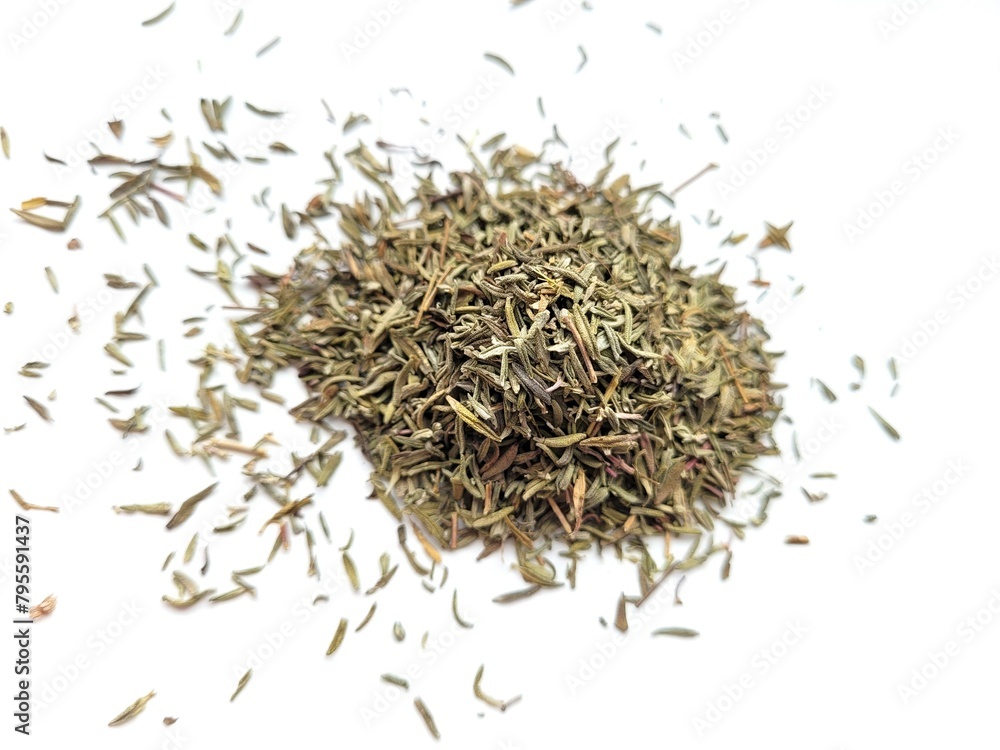 Dried pieces of rosemary on a white background. Dried pieces of rosemary on a white background.