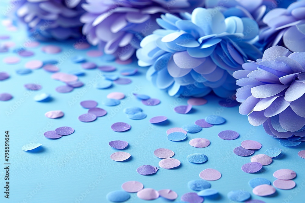 Obraz premium Confetti scattered on the light blue background.