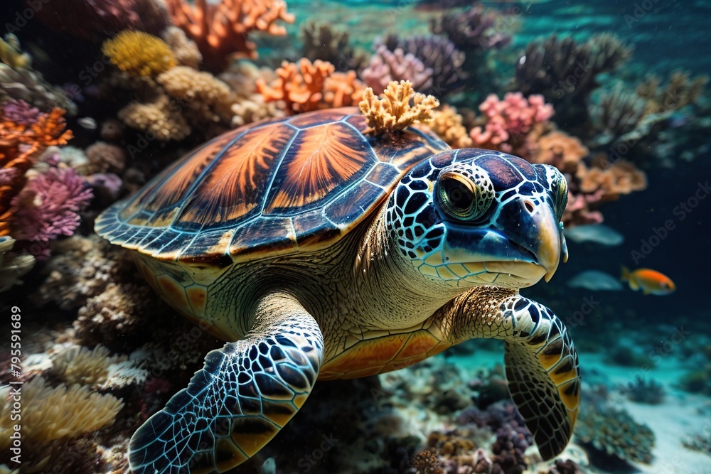 marine turtle under the sea in a coral reef
