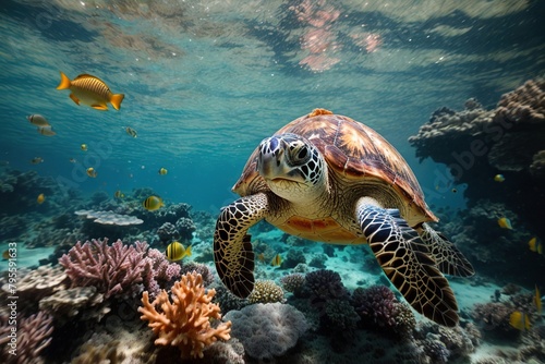 marine turtle under the sea in a coral reef