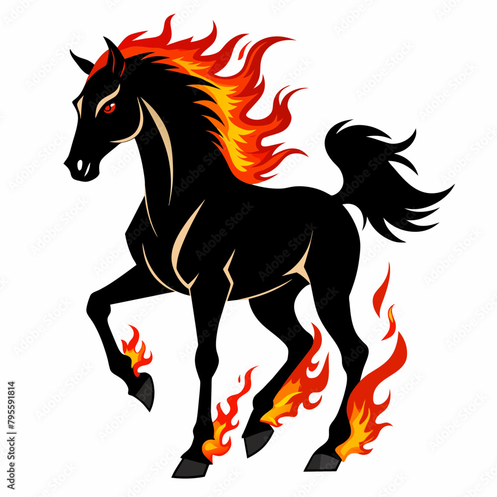Black horse with fiery horseshoes, infernal stallion, dynamic pose, white background