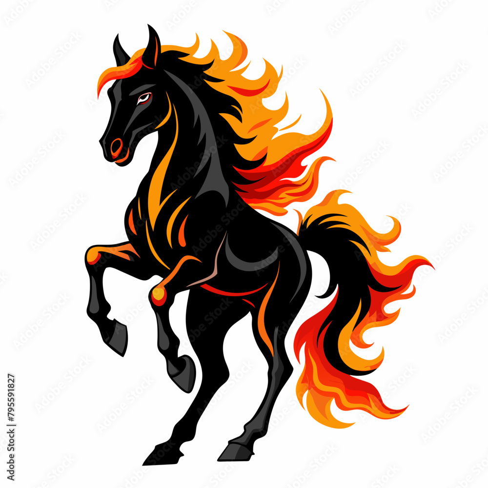 Obraz premium Black horse with fiery horseshoes, infernal stallion, dynamic pose, white background
