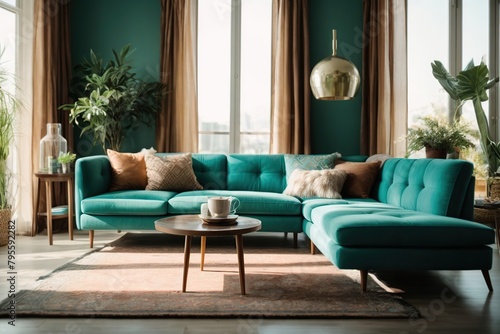 living room interior with turquoise sofa and coffee table photo