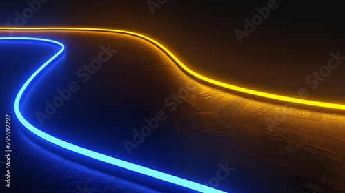 Flowing neon trails in blue and yellow on dark texture creating a futuristic vibe.