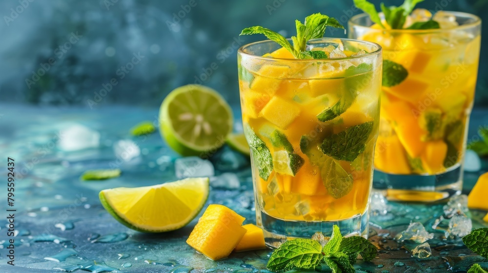 Fototapeta premium Refreshing mango mojito cocktail with lime and mint on blue background