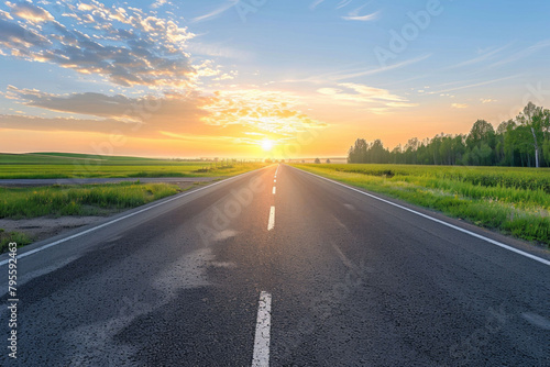 Beautiful empty asphalt road on a sunset. AI generative © tiena