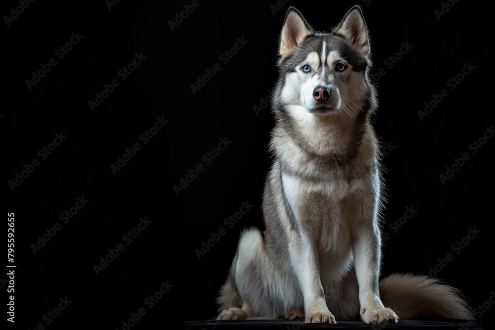 Fototapeta premium Siberian Husky dog, The Siberian Husky dog sits on the floor, 100% black studio background, slight down angle, studio lighting, full body shot, ultra realistic