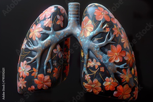 creative image of the lungs. one half with flowers and leaves, and the other black and with tobacco. concept of getting rid of bad habits world no tobacco day. no  photo