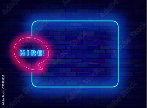 Recruitment agency neon invitation. Empty blue frame and hire text. We are hiring banner. Join us. HR design. Work searching. Glowing flyer. Editable stroke. Vector stock illustration