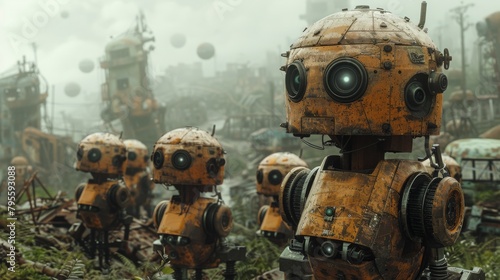 Futuristic robots in a post-apocalyptic cityscape  standing amidst ruins and debris
