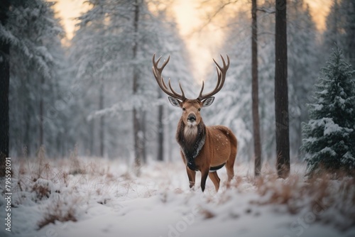 noble deer male in winter snow forest Artistic winter
