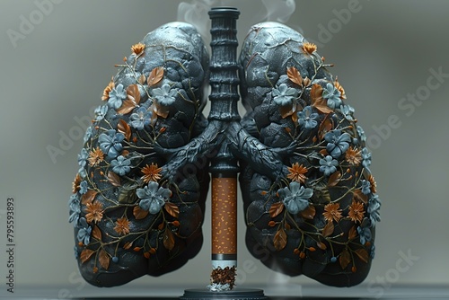 creative image of the lungs. one half with flowers and leaves, and the other black and with tobacco. concept of getting rid of bad habits world no tobacco day. no smoking photo