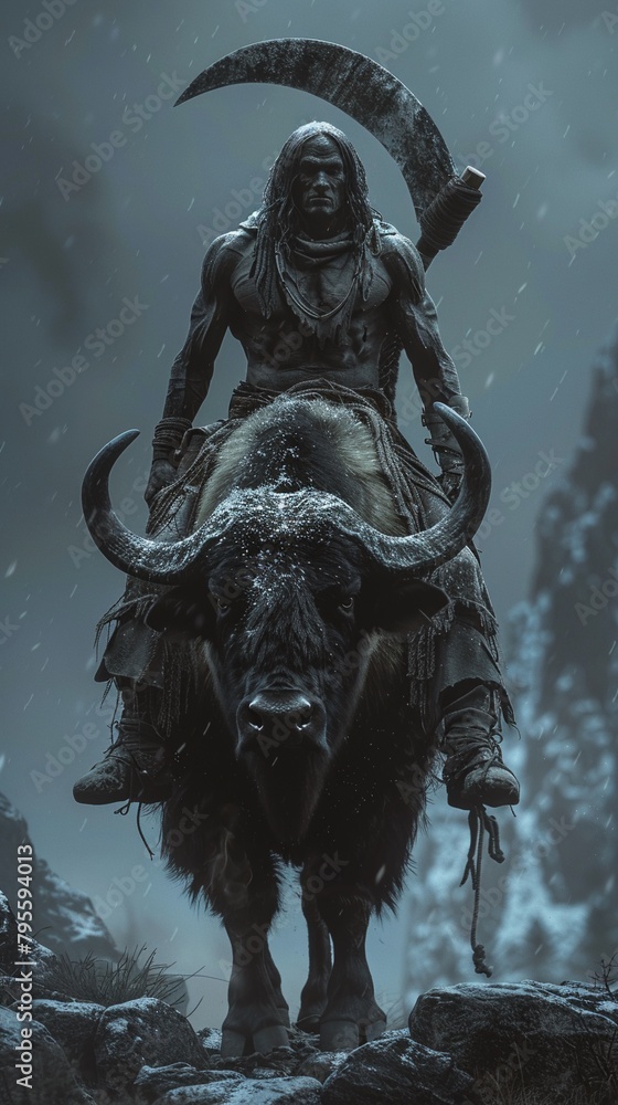 A headless figure, muscular and clad in jeans and boots, perched atop a buffalo, wielding a scythe an instrument of death Their identity remains shrouded in mystery, lost to the night 8K , high-resolu A headless figure, muscular and clad in jeans and boots, perched atop a buffalo, wielding a scythe an instrument of death Their identity remains shrouded in mystery, lost to the night 8K , high-resolu