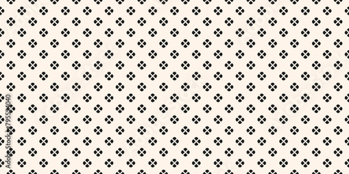 Simple minimalist monochrome floral pattern. Vector minimal seamless texture with small flower shapes, leaves, petals. Abstract black and white geometric background. Repeated design for print, package photo