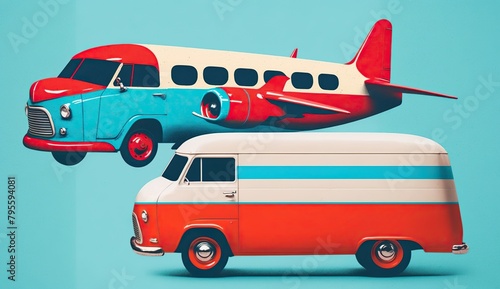 A blue and white airplane is parked next to a red and white van.