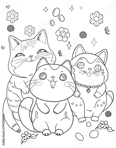 cats cartoon ,kawaii coloring page for kids and adult