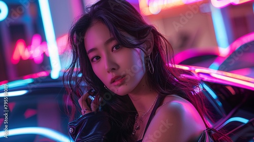 A highresolution image of a beautiful Kpop girl idol striking a pose with supercars under neon lights, exuding a gangster vibe 8K , high-resolution, ultra HD,up32K HD
