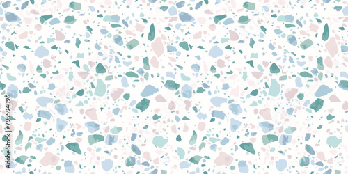 Terrazzo flooring seamless pattern. Realistic vector texture of mosaic floor with natural stones, granite, marble, quartz, colorful glass, concrete. Repeat design in pink, blue, green, white colors