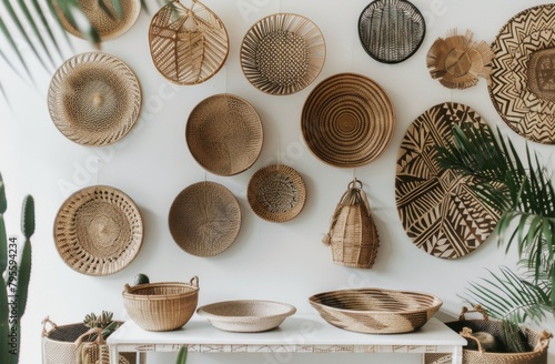 Assorted Baskets Hanging on Wall