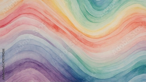Abstract watercolor rainbow background with wavy lines of soft pastel colors like rainbows