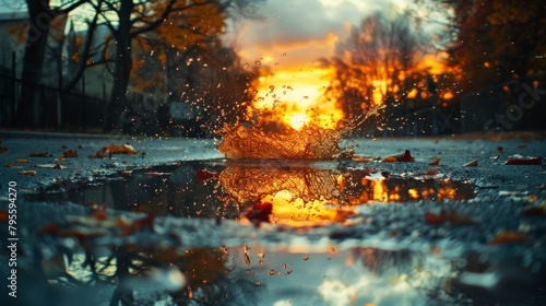 Dramatic sunset reflection in urban puddle with fiery explosion of water drops