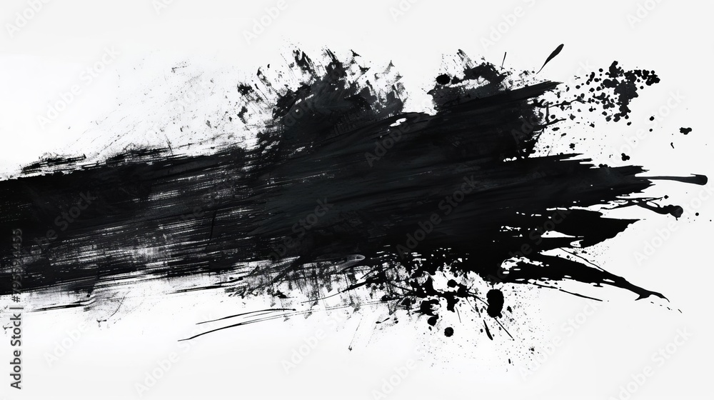 abstract black ink splatter and brush strokes on white background grungy artistic design elements
